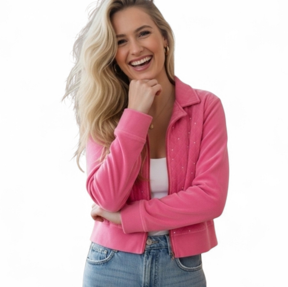 Vintage Y2K Cropped Hot Pink Quilted Velour Track Jacket Rhinestones PL